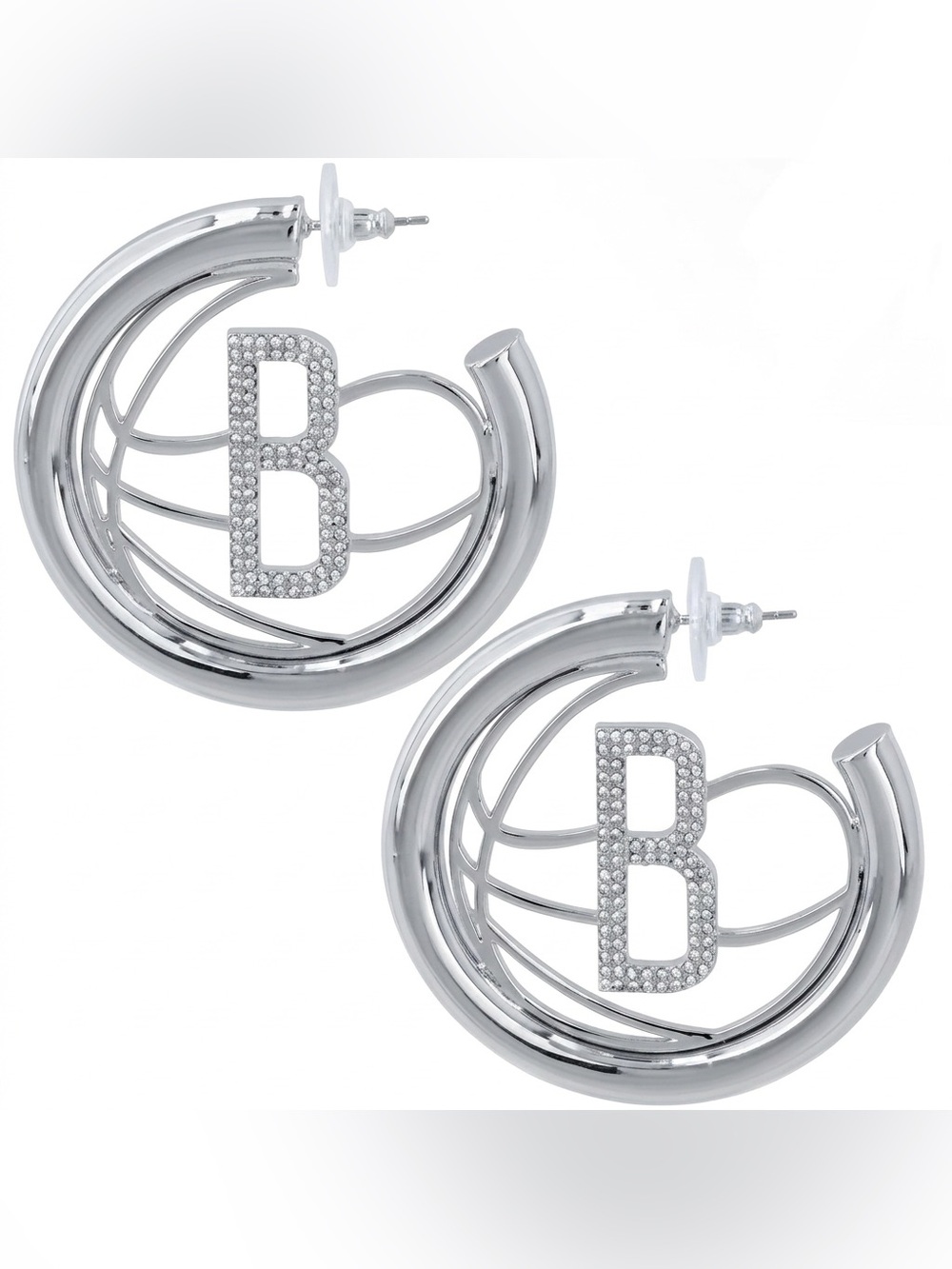 Brooklyn Nets Silver Tone Logo Rhinestoe Hoop Earrings by BaubleBar NEW